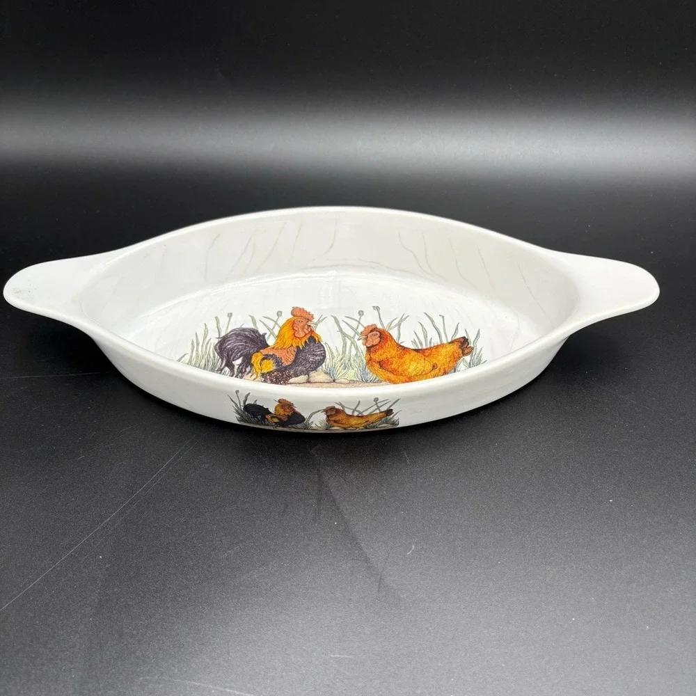 Vtg Kent Pottery Rooster Baking Dish Farmhouse Decor 14x6 Oval